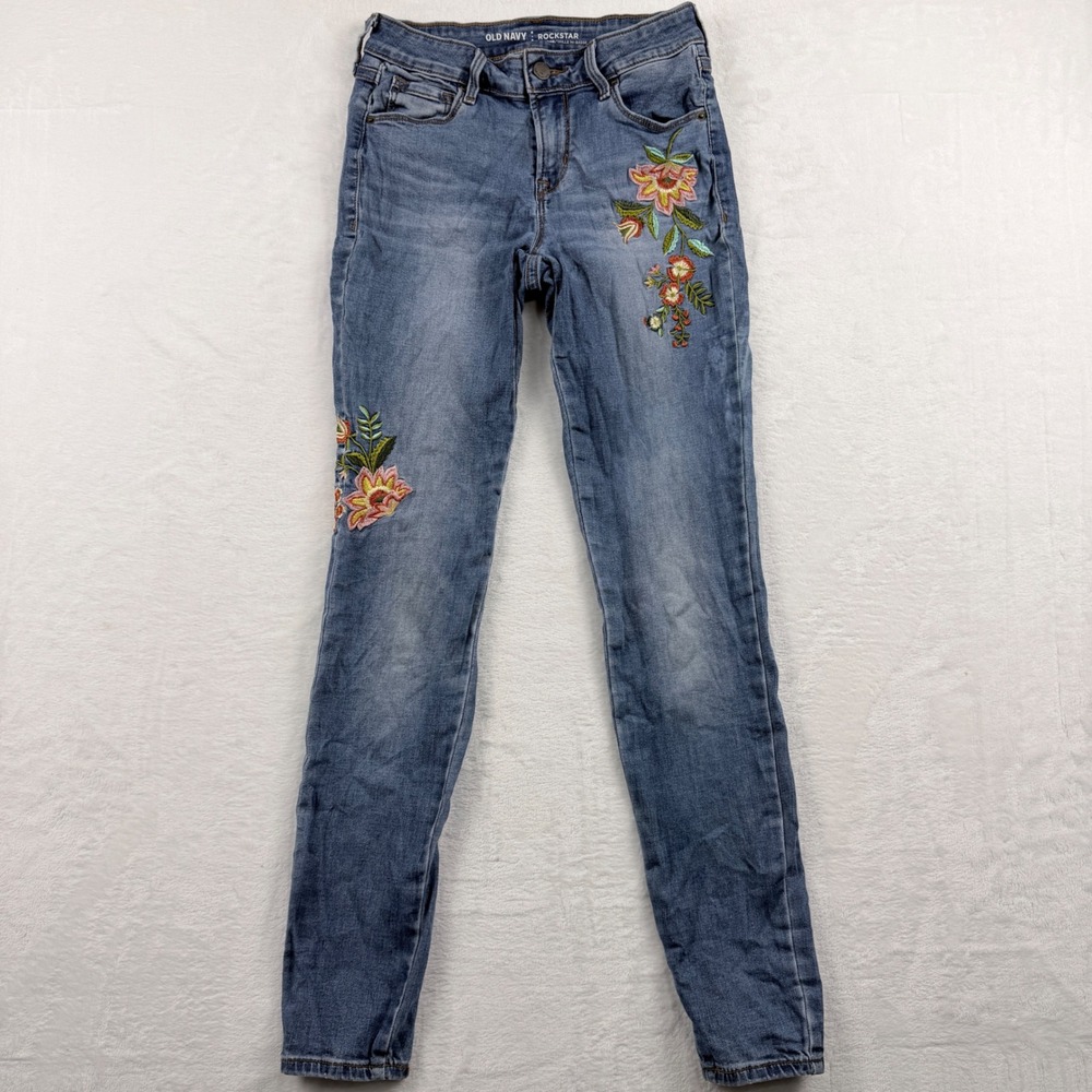 Old Navy Rockstar Mid Rise Floral Embroidered Jeans Blue Size 0 Regular